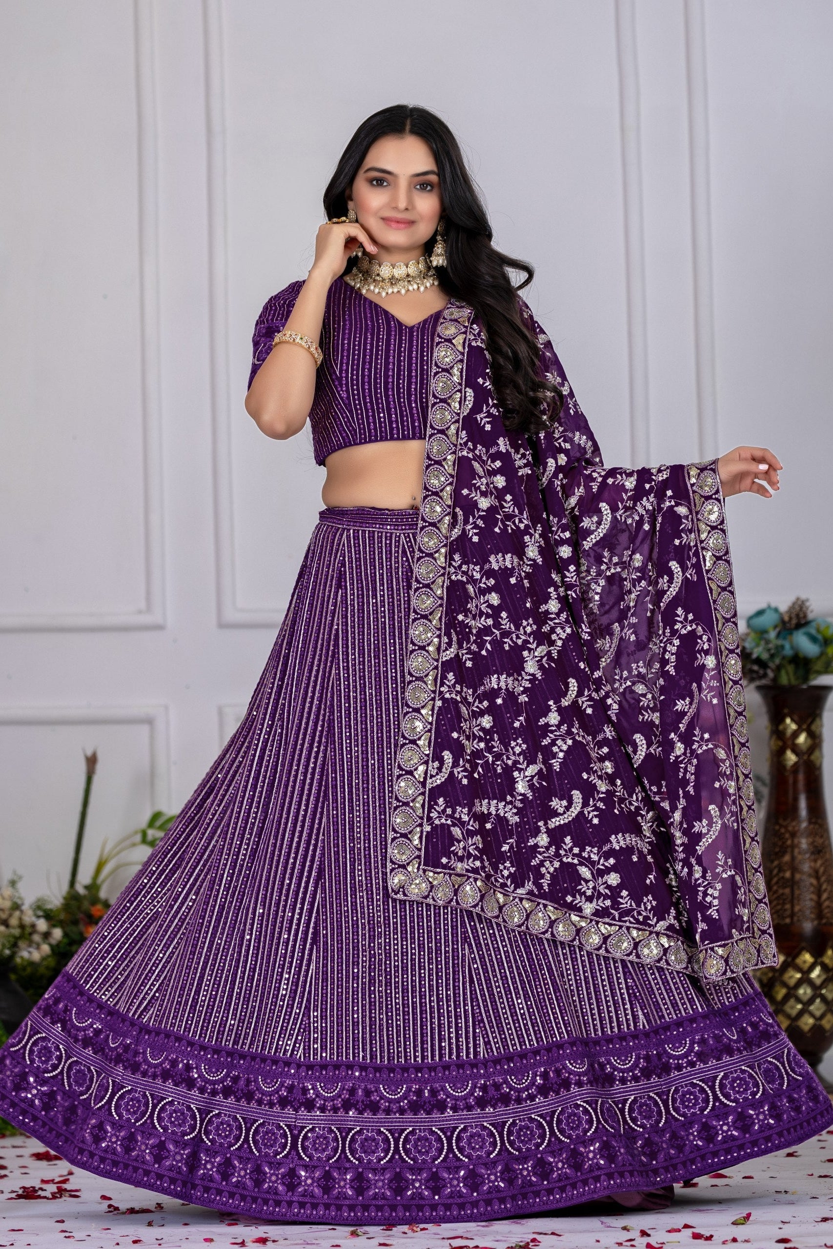 Women's Purple Fox Georgette Semi-Stitched Lehenga Choli with Embroidered Dupatta | Heavy Multi Thread & Sequence Work Wedding Festive Lehenga