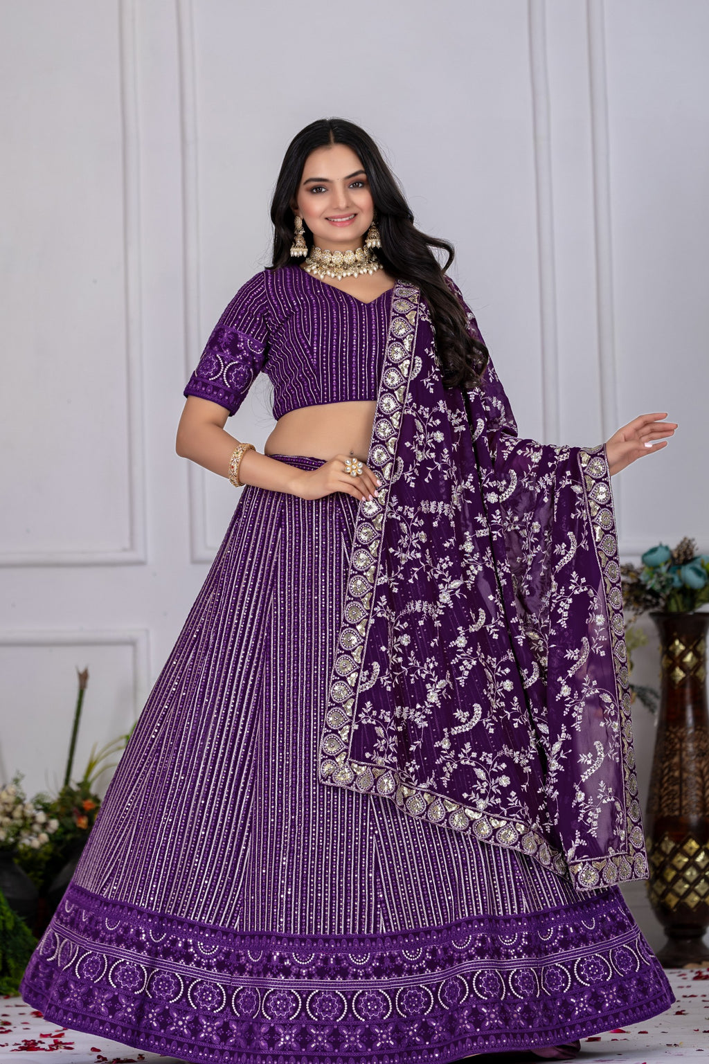Women's Purple Fox Georgette Semi-Stitched Lehenga Choli with Embroidered Dupatta | Heavy Multi Thread & Sequence Work Wedding Festive Lehenga