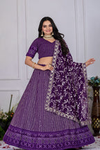 Women's Purple Fox Georgette Semi-Stitched Lehenga Choli with Embroidered Dupatta | Heavy Multi Thread & Sequence Work Wedding Festive Lehenga