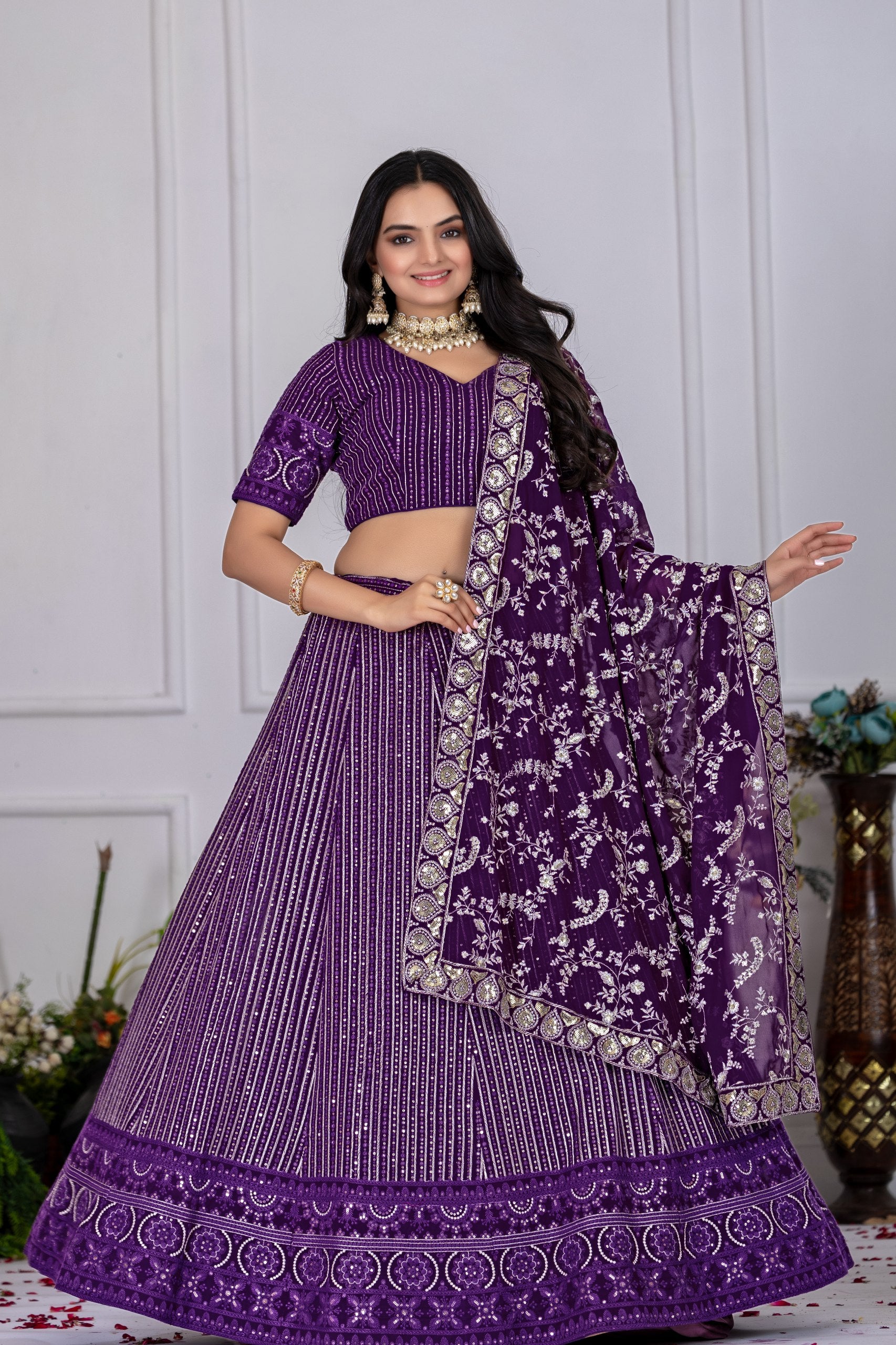 Women's Purple Fox Georgette Semi-Stitched Lehenga Choli with Embroidered Dupatta | Heavy Multi Thread & Sequence Work Wedding Festive Lehenga