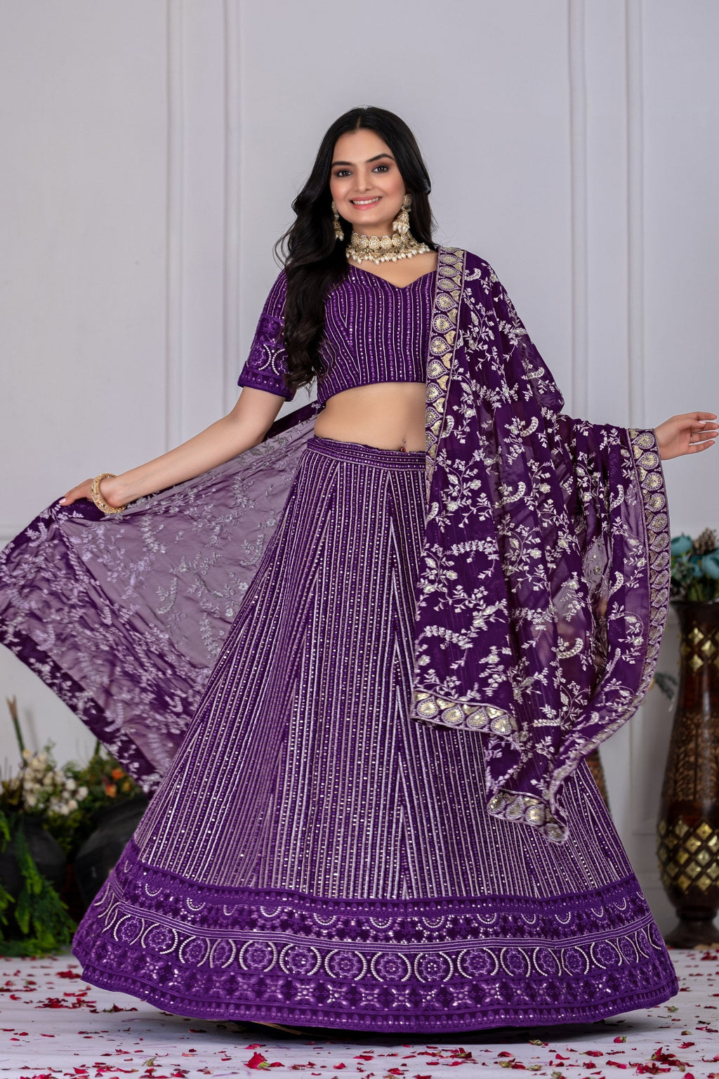 Women's Purple Fox Georgette Semi-Stitched Lehenga Choli with Embroidered Dupatta | Heavy Multi Thread & Sequence Work Wedding Festive Lehenga
