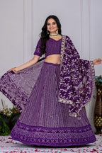 Women's Purple Fox Georgette Semi-Stitched Lehenga Choli with Embroidered Dupatta | Heavy Multi Thread & Sequence Work Wedding Festive Lehenga