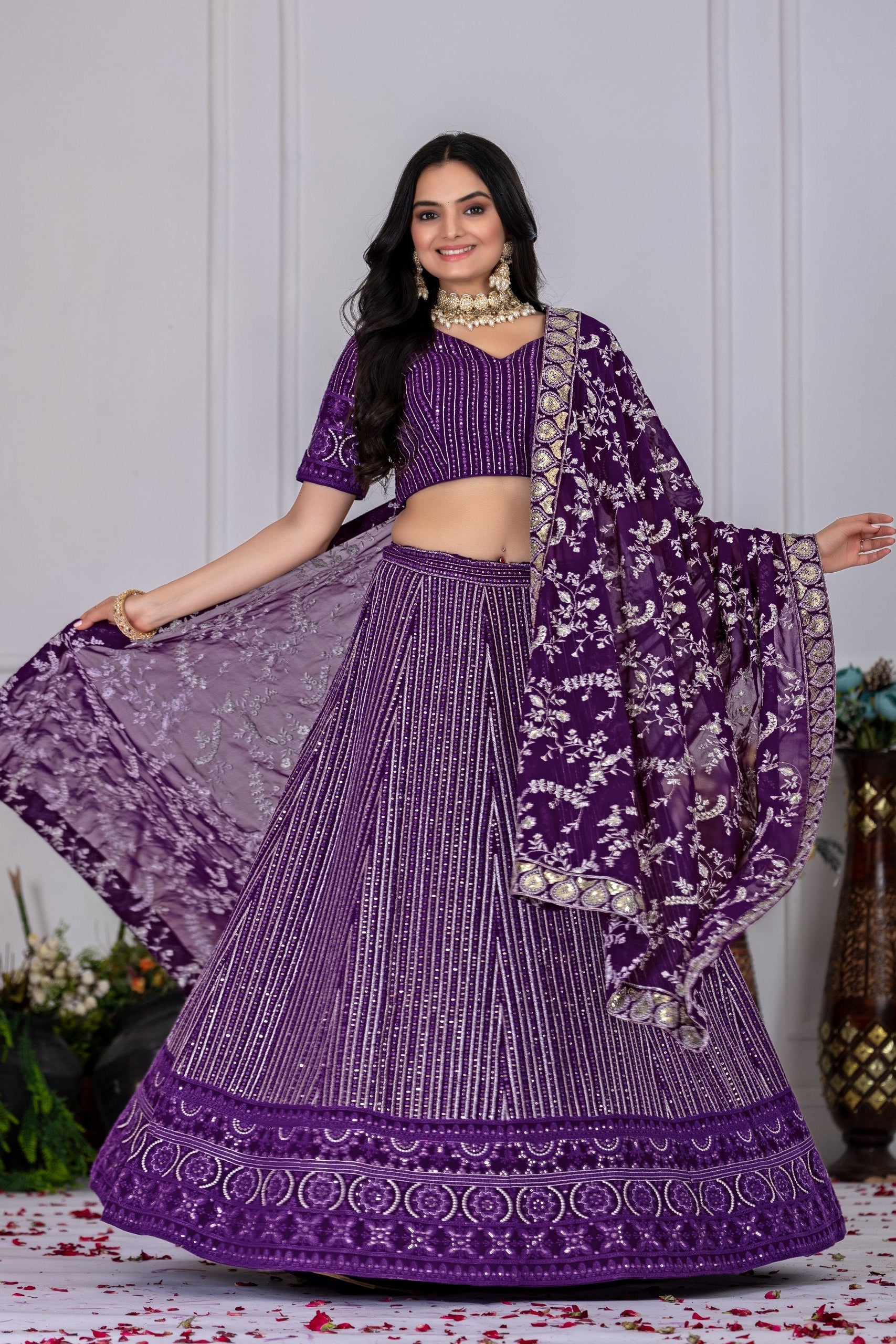 Women's Purple Fox Georgette Semi-Stitched Lehenga Choli with Embroidered Dupatta | Heavy Multi Thread & Sequence Work Wedding Festive Lehenga
