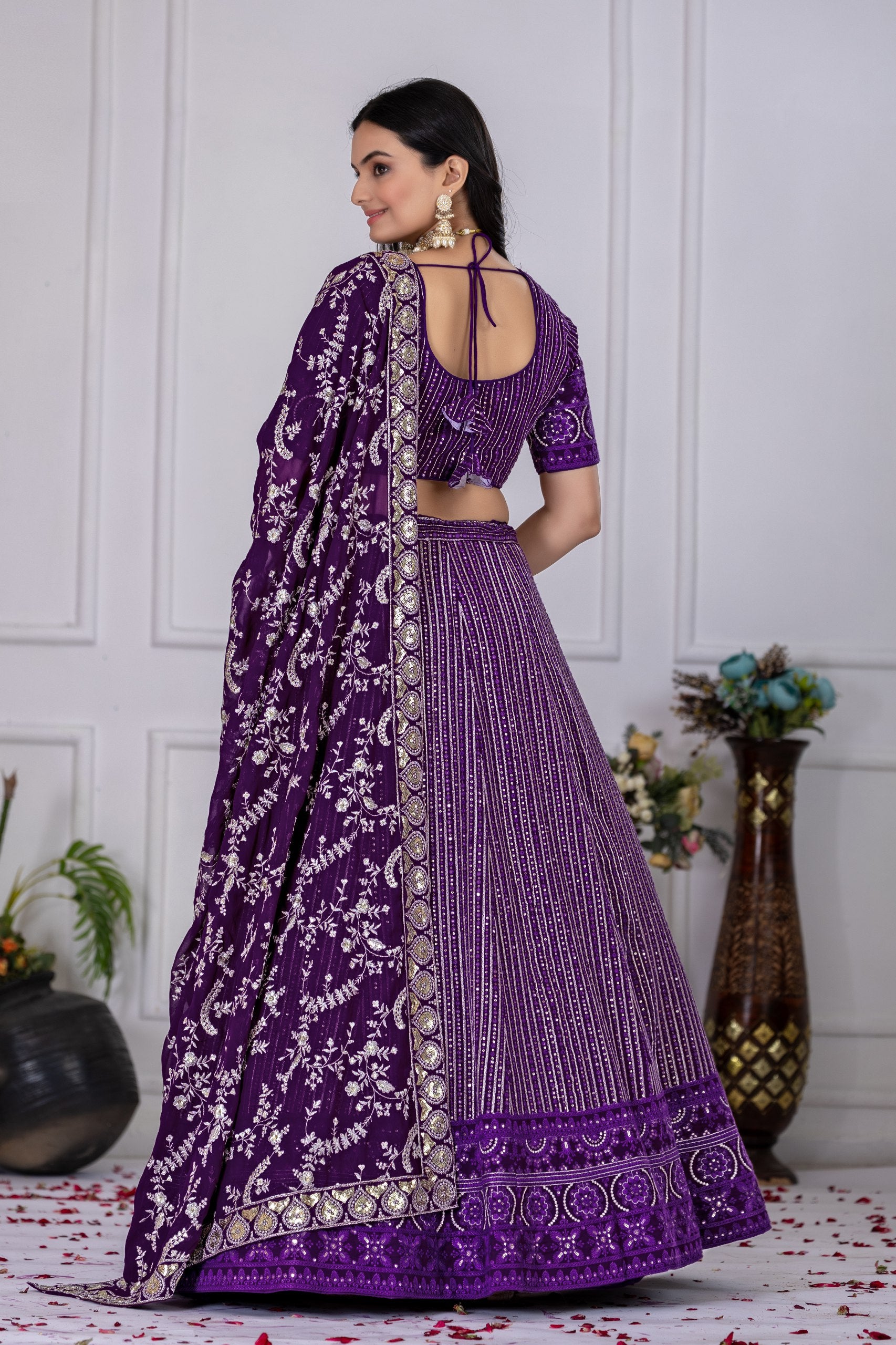 Women's Purple Fox Georgette Semi-Stitched Lehenga Choli with Embroidered Dupatta | Heavy Multi Thread & Sequence Work Wedding Festive Lehenga