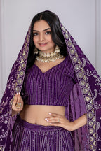 Women's Purple Fox Georgette Semi-Stitched Lehenga Choli with Embroidered Dupatta | Heavy Multi Thread & Sequence Work Wedding Festive Lehenga