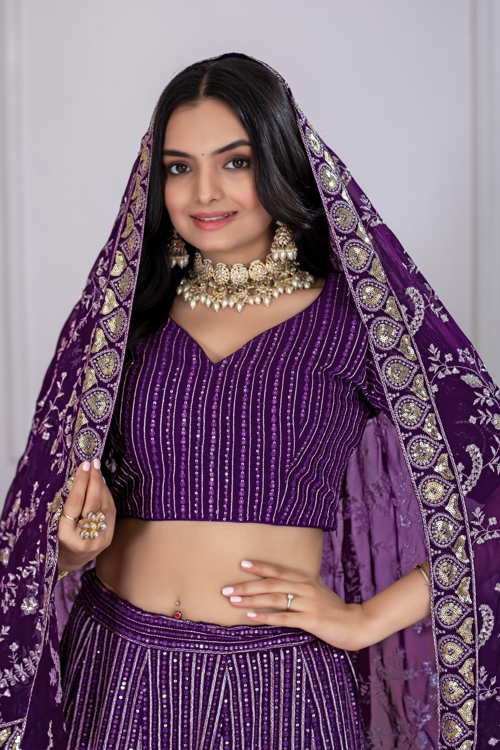 Women's Purple Fox Georgette Semi-Stitched Lehenga Choli with Embroidered Dupatta | Heavy Multi Thread & Sequence Work Wedding Festive Lehenga