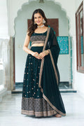 Women's Dark Bottle Green Fox Georgette Semi-Stitched Lehenga Choli with Embroidered Dupatta | Heavy Multi Thread & Sequence Work Wedding & Party Wear
