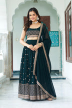 Women's Dark Bottle Green Fox Georgette Semi-Stitched Lehenga Choli with Embroidered Dupatta | Heavy Multi Thread & Sequence Work Wedding & Party Wear
