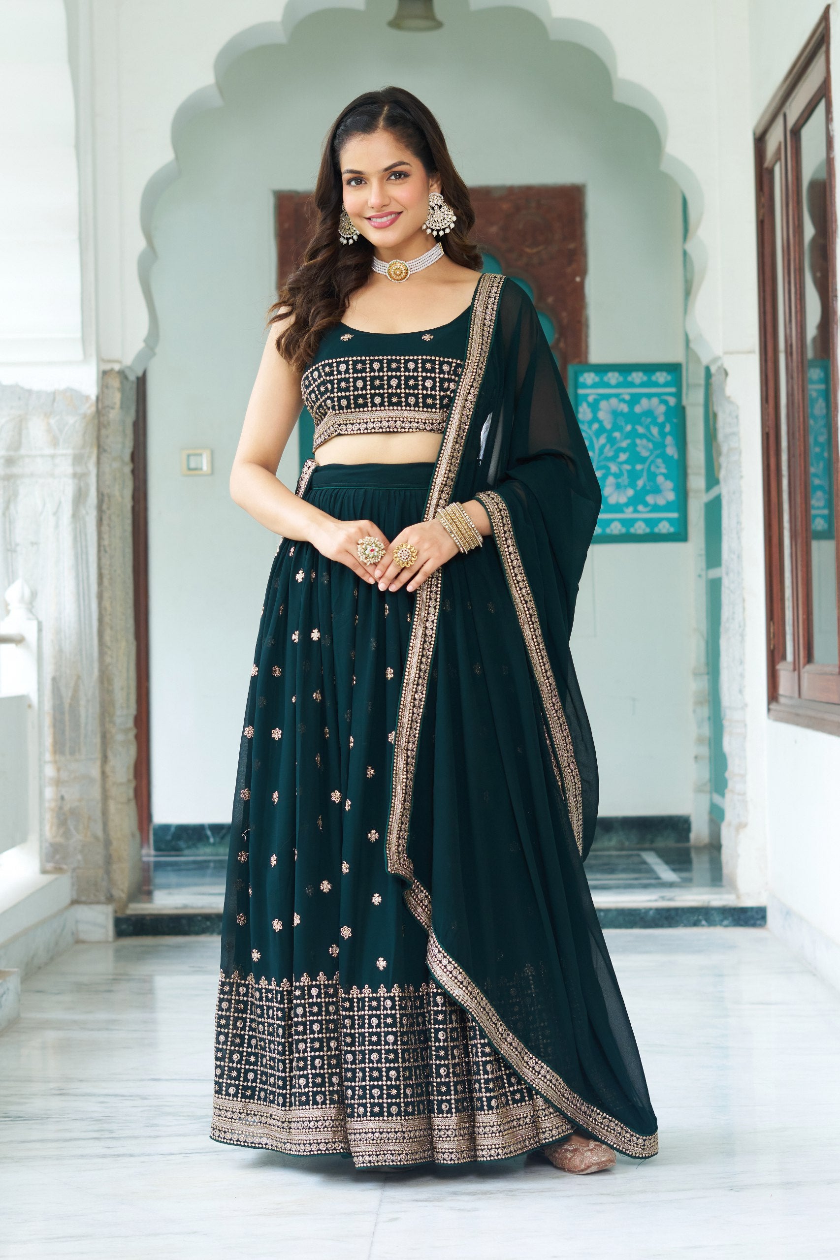 Women's Dark Bottle Green Fox Georgette Semi-Stitched Lehenga Choli with Embroidered Dupatta | Heavy Multi Thread & Sequence Work Wedding & Party Wear