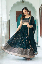 Women's Dark Bottle Green Fox Georgette Semi-Stitched Lehenga Choli with Embroidered Dupatta | Heavy Multi Thread & Sequence Work Wedding & Party Wear