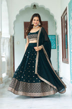 Women's Dark Bottle Green Fox Georgette Semi-Stitched Lehenga Choli with Embroidered Dupatta | Heavy Multi Thread & Sequence Work Wedding & Party Wear
