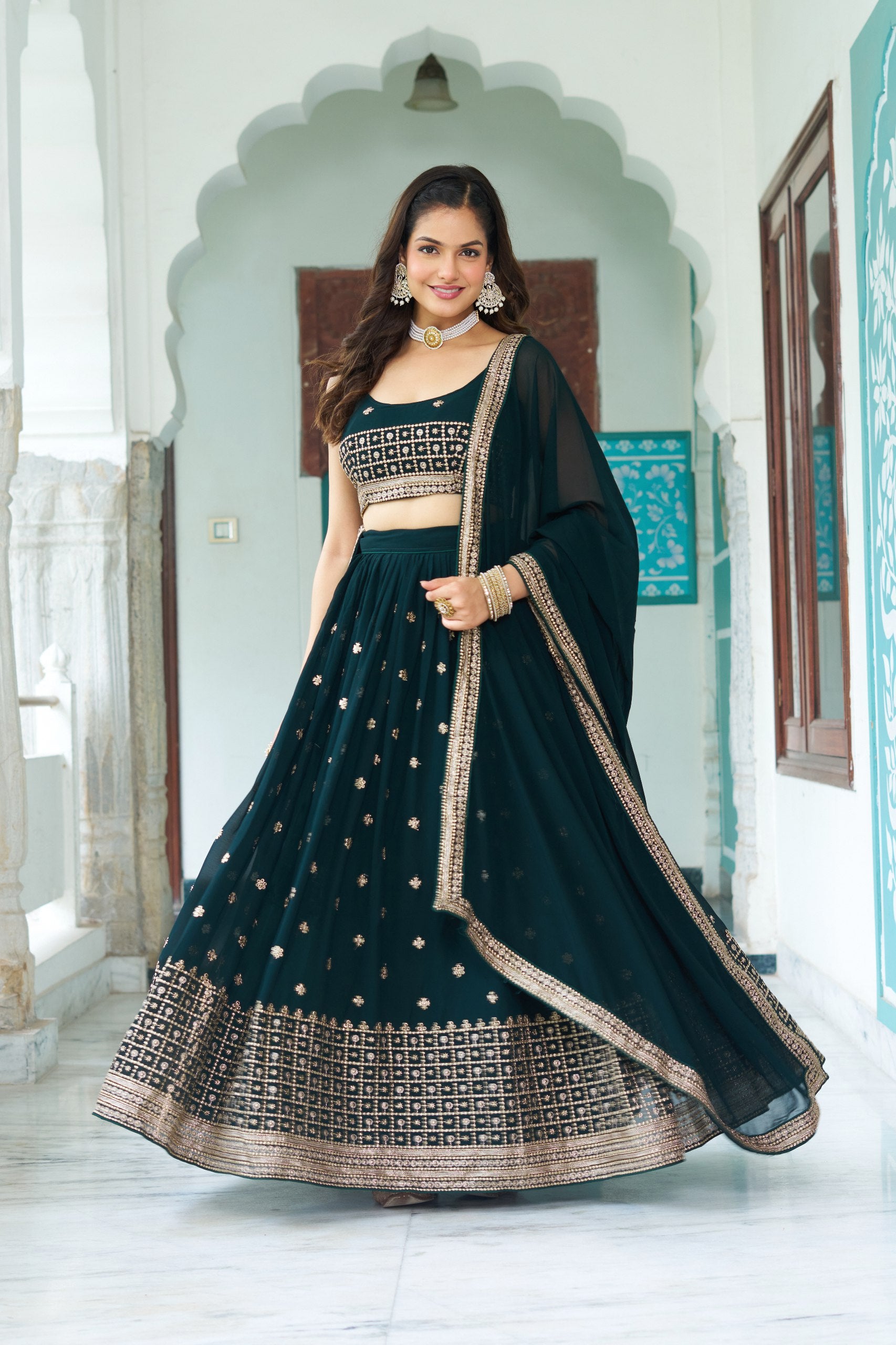 Women's Dark Bottle Green Fox Georgette Semi-Stitched Lehenga Choli with Embroidered Dupatta | Heavy Multi Thread & Sequence Work Wedding & Party Wear
