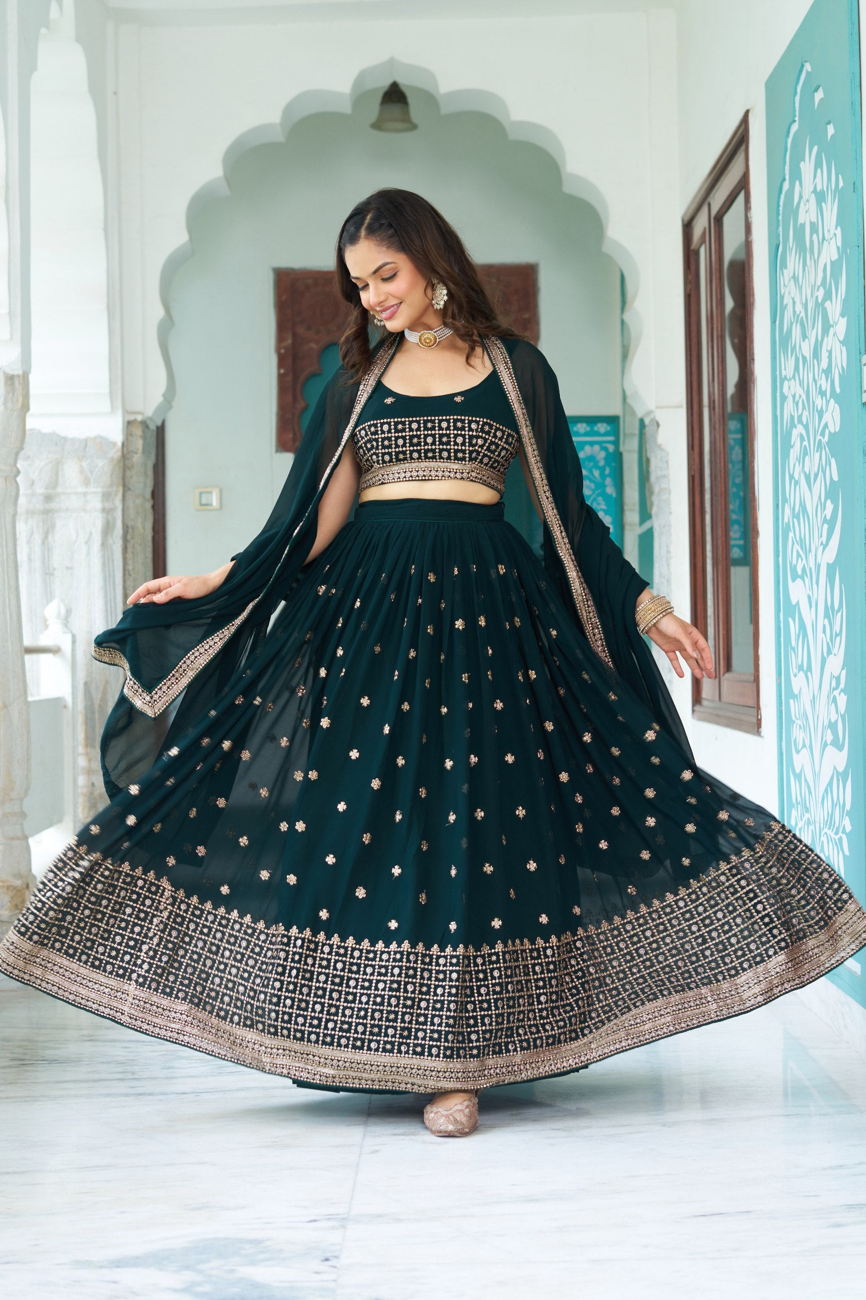 Women's Dark Bottle Green Fox Georgette Semi-Stitched Lehenga Choli with Embroidered Dupatta | Heavy Multi Thread & Sequence Work Wedding & Party Wear