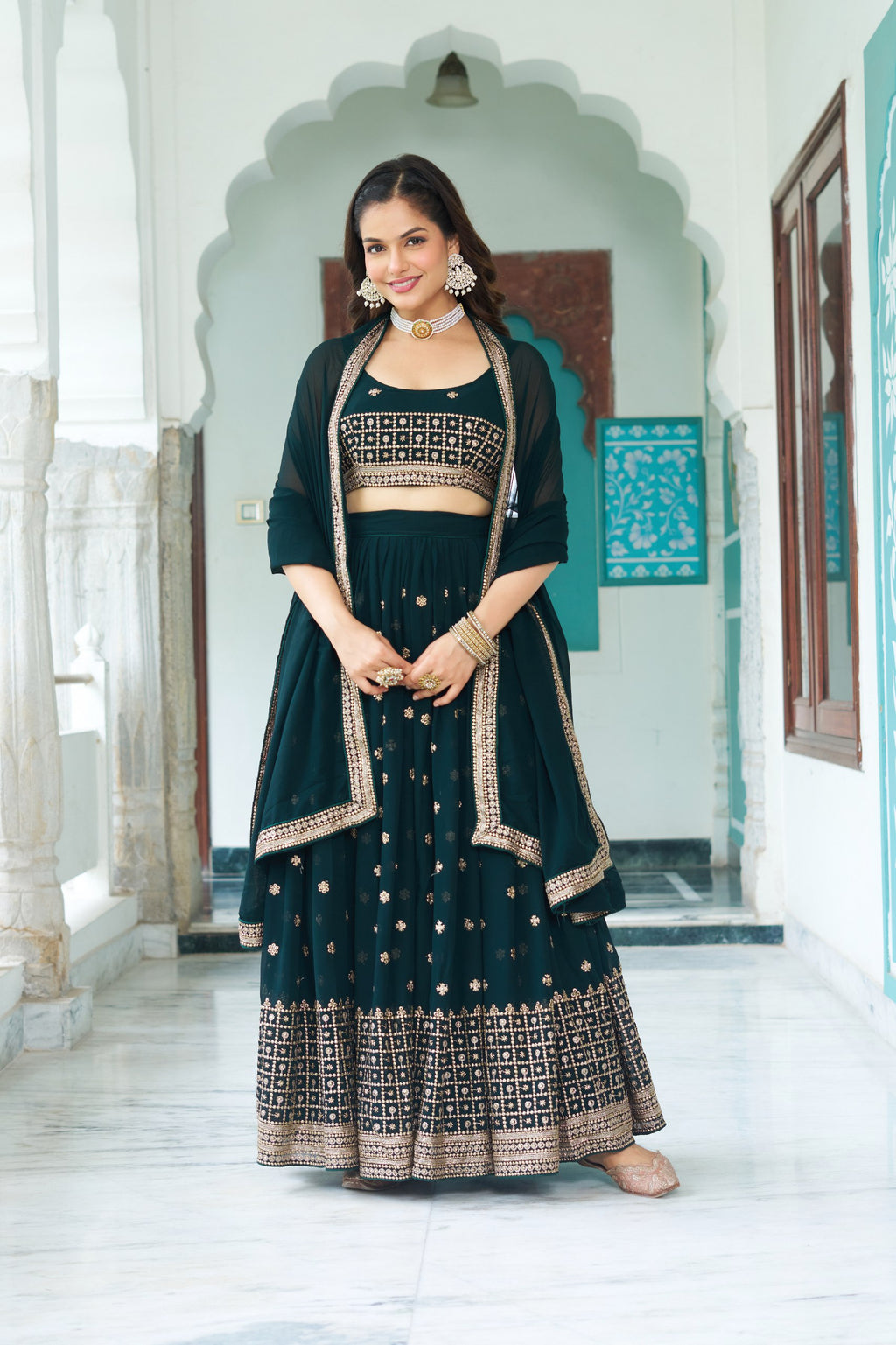 Women's Dark Bottle Green Fox Georgette Semi-Stitched Lehenga Choli with Embroidered Dupatta | Heavy Multi Thread & Sequence Work Wedding & Party Wear