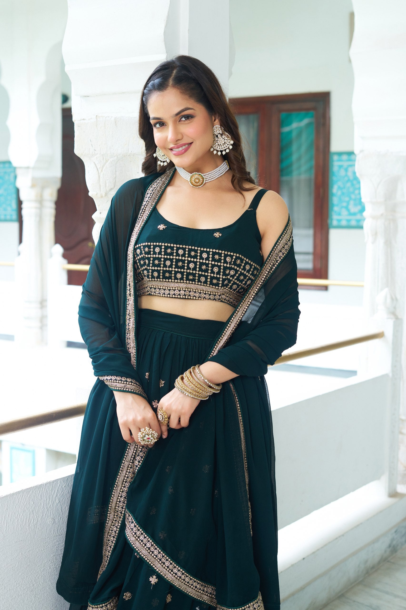 Women's Dark Bottle Green Fox Georgette Semi-Stitched Lehenga Choli with Embroidered Dupatta | Heavy Multi Thread & Sequence Work Wedding & Party Wear