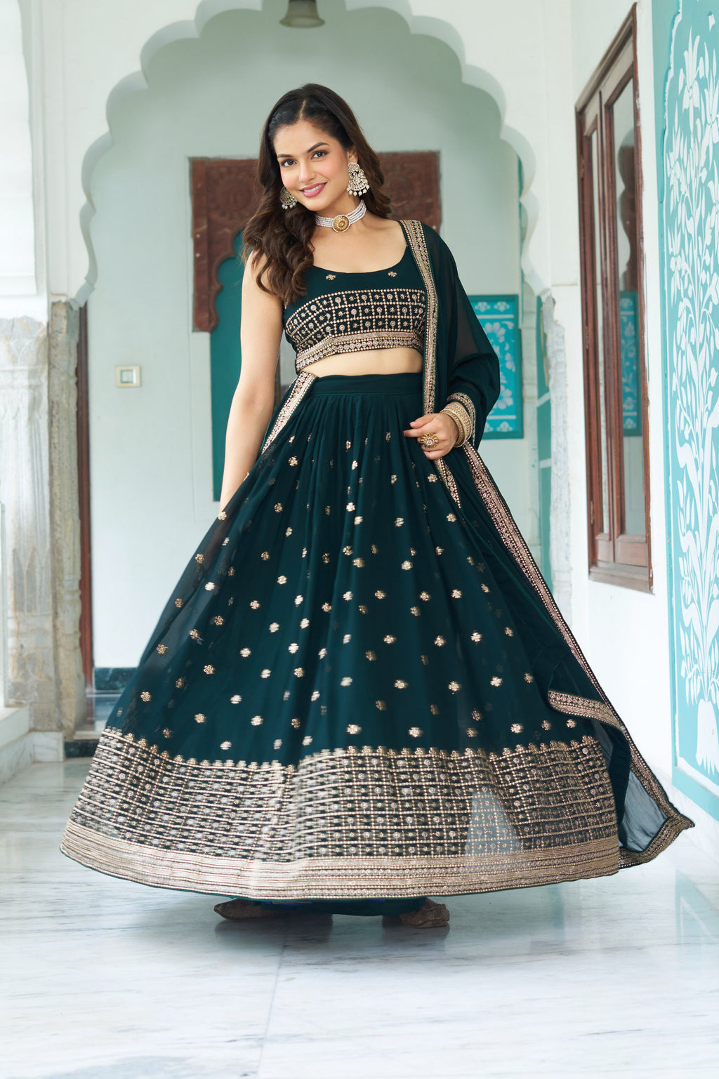 Women's Dark Bottle Green Fox Georgette Semi-Stitched Lehenga Choli with Embroidered Dupatta | Heavy Multi Thread & Sequence Work Wedding & Party Wear