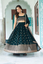 Women's Dark Bottle Green Fox Georgette Semi-Stitched Lehenga Choli with Embroidered Dupatta | Heavy Multi Thread & Sequence Work Wedding & Party Wear