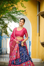 Women's Navy Blue & Rani Pink Heavy Lichi Fabric Stitched Lehenga Choli with Jacquard Border Dupatta | Traditional Printed Wedding & Festive Wear