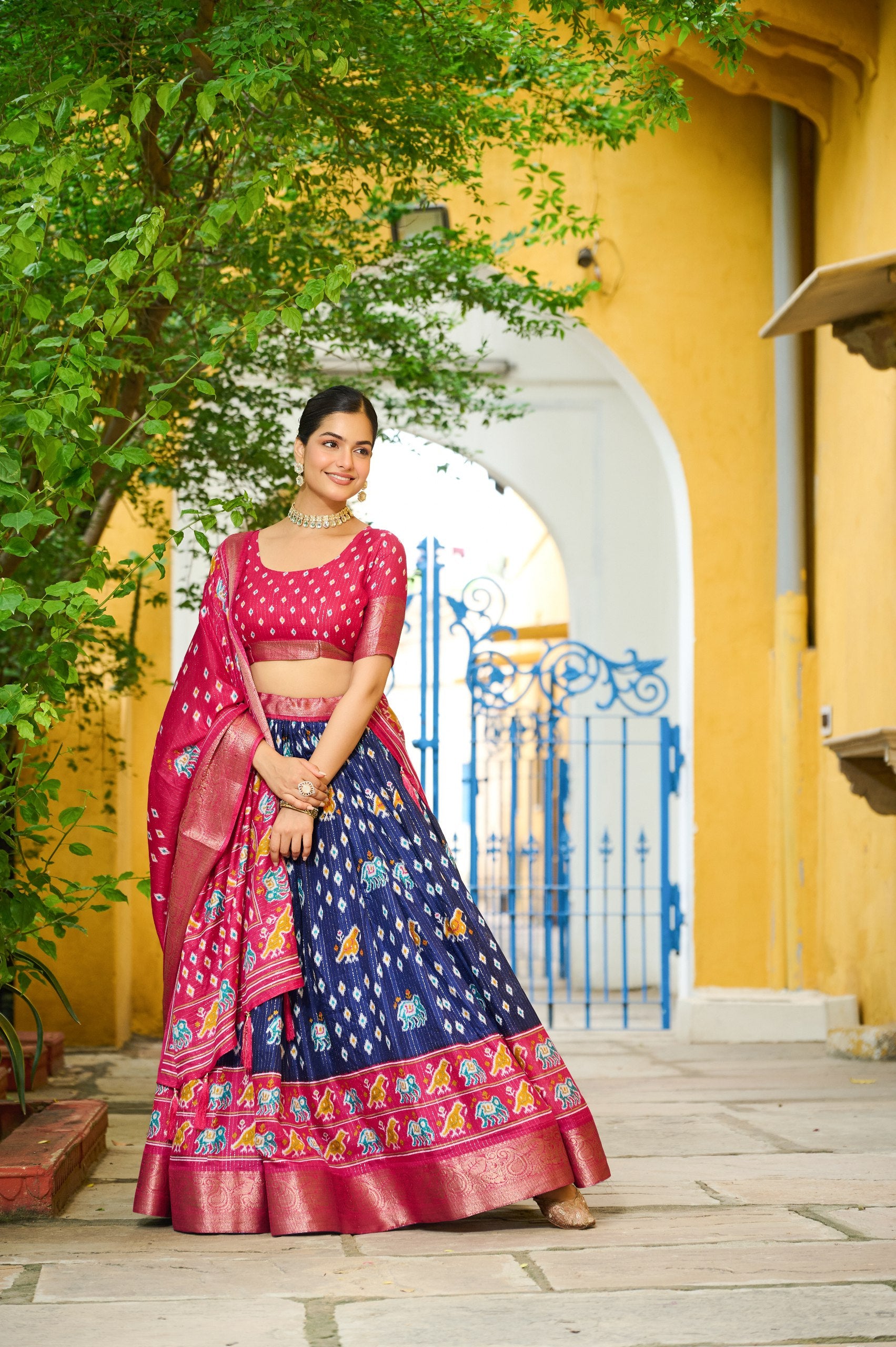 Women's Navy Blue & Rani Pink Heavy Lichi Fabric Stitched Lehenga Choli with Jacquard Border Dupatta | Traditional Printed Wedding & Festive Wear