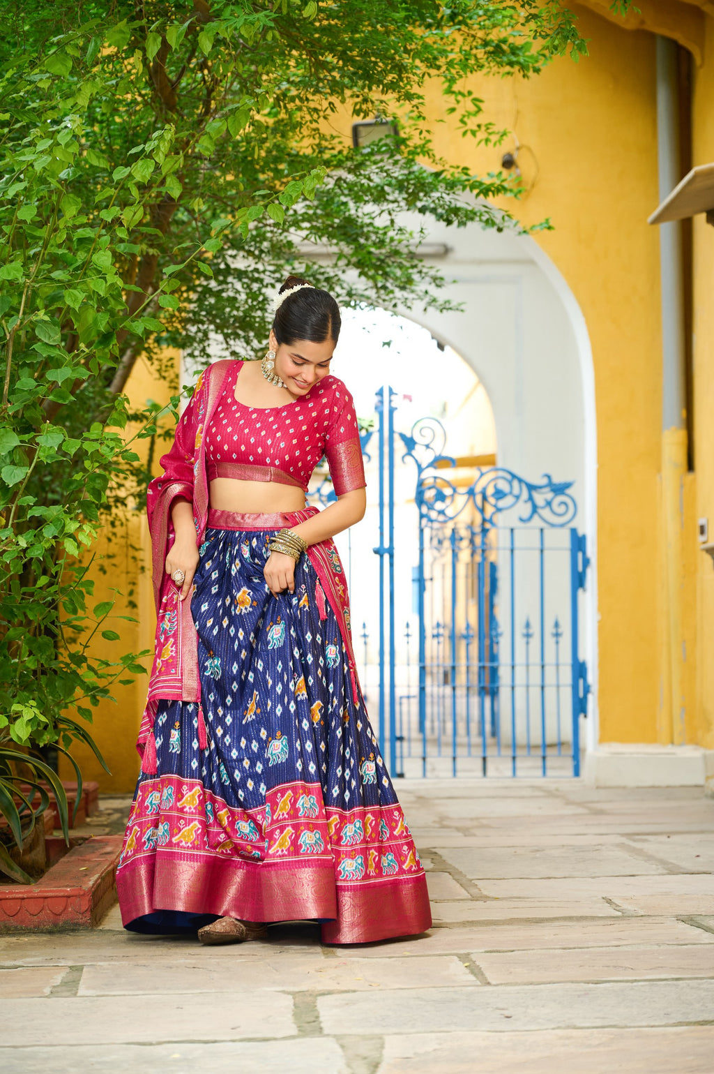 Women's Navy Blue & Rani Pink Heavy Lichi Fabric Stitched Lehenga Choli with Jacquard Border Dupatta | Traditional Printed Wedding & Festive Wear