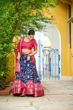 Women's Navy Blue & Rani Pink Heavy Lichi Fabric Stitched Lehenga Choli with Jacquard Border Dupatta | Traditional Printed Wedding & Festive Wear