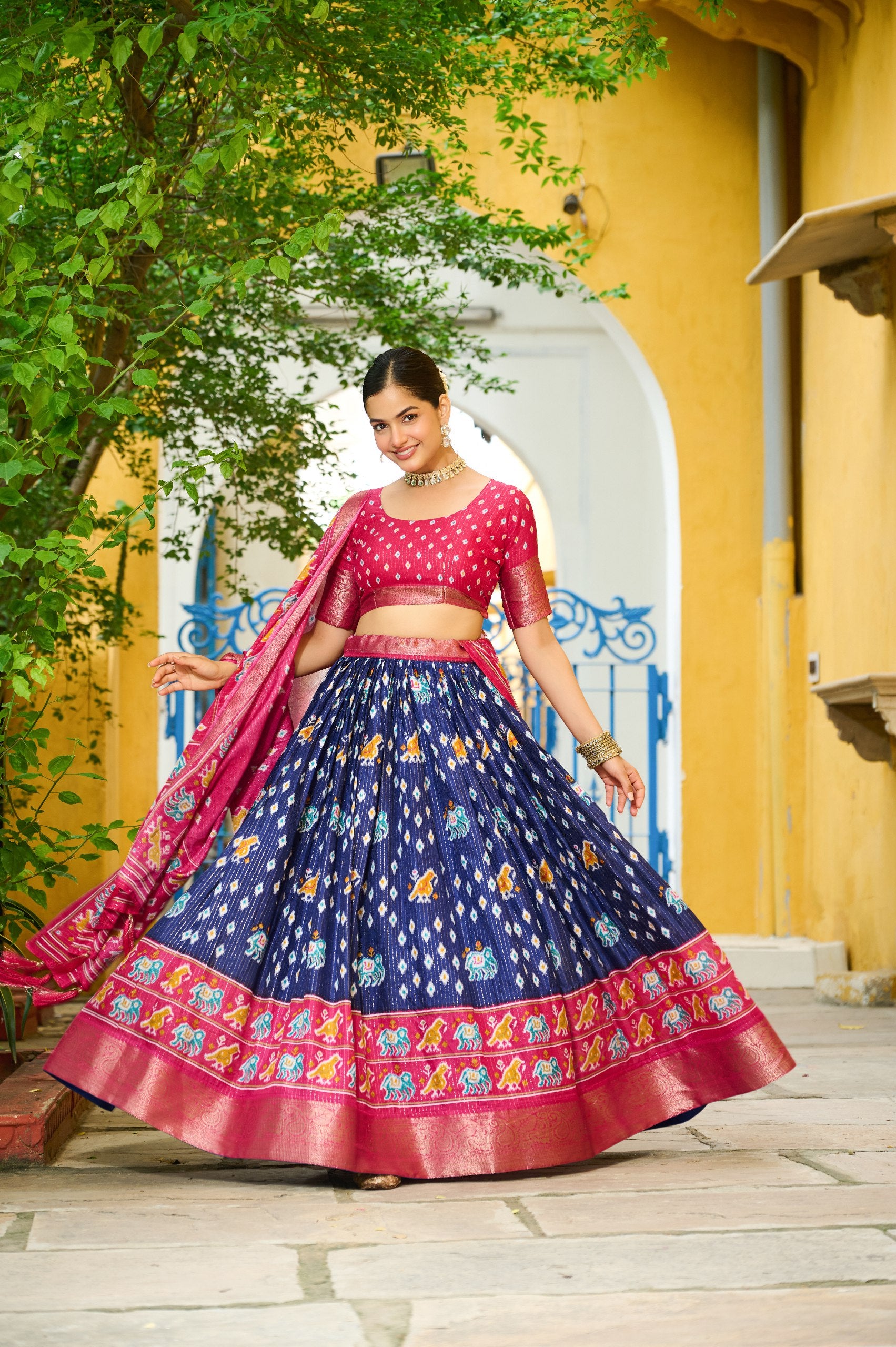Women's Navy Blue & Rani Pink Heavy Lichi Fabric Stitched Lehenga Choli with Jacquard Border Dupatta | Traditional Printed Wedding & Festive Wear