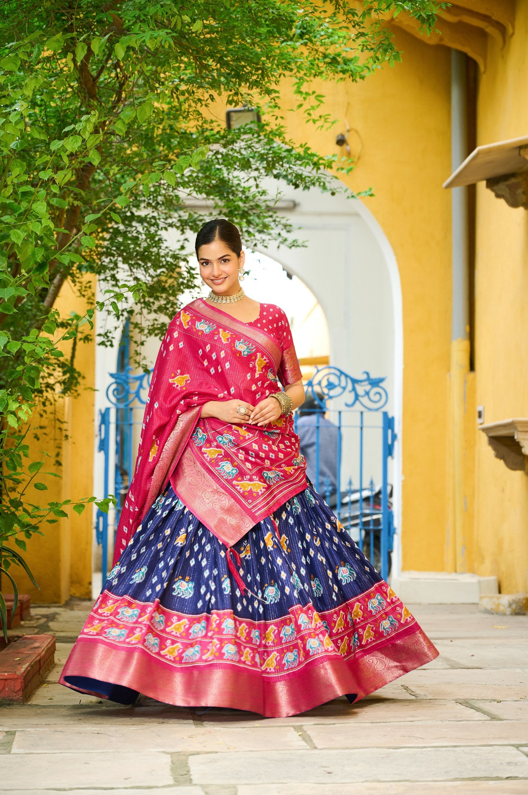 Women's Navy Blue & Rani Pink Heavy Lichi Fabric Stitched Lehenga Choli with Jacquard Border Dupatta | Traditional Printed Wedding & Festive Wear