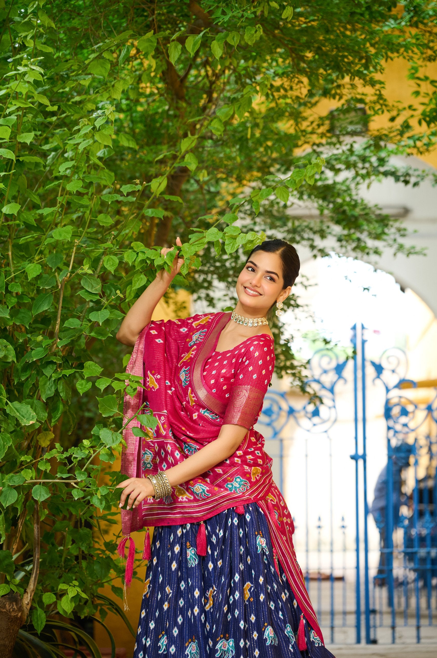Women's Navy Blue & Rani Pink Heavy Lichi Fabric Stitched Lehenga Choli with Jacquard Border Dupatta | Traditional Printed Wedding & Festive Wear