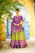 Women's Purple & Parrot Green Heavy Lichi Fabric Stitched Lehenga Choli with Jacquard Border Dupatta | Traditional Printed Wedding, Navratri & Festive Wear