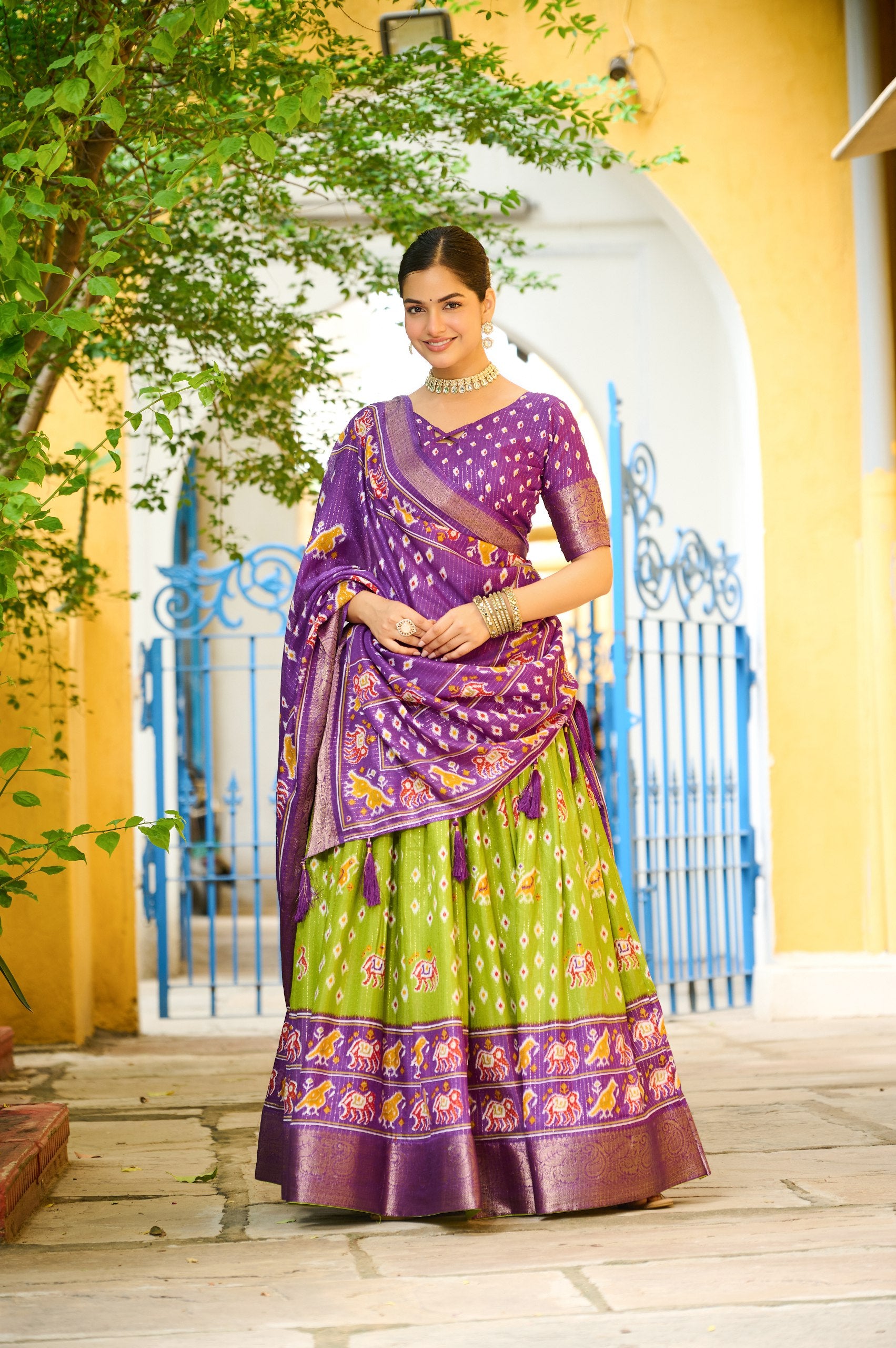 Women's Purple & Parrot Green Heavy Lichi Fabric Stitched Lehenga Choli with Jacquard Border Dupatta | Traditional Printed Wedding, Navratri & Festive Wear