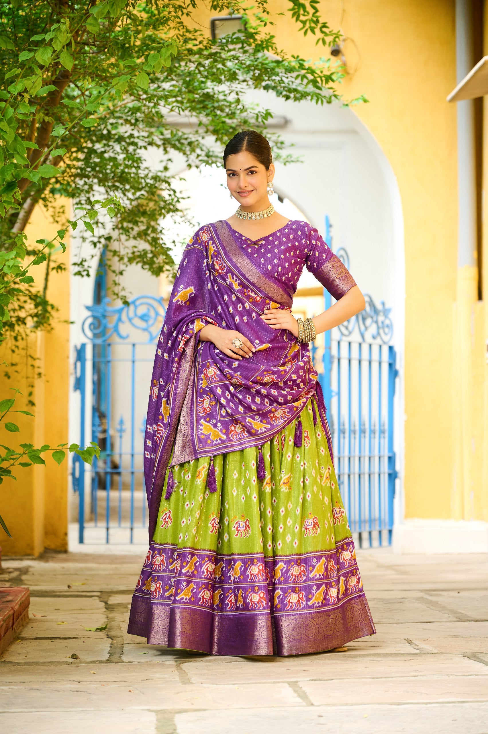 Women's Purple & Parrot Green Heavy Lichi Fabric Stitched Lehenga Choli with Jacquard Border Dupatta | Traditional Printed Wedding, Navratri & Festive Wear