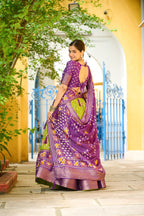Women's Purple & Parrot Green Heavy Lichi Fabric Stitched Lehenga Choli with Jacquard Border Dupatta | Traditional Printed Wedding, Navratri & Festive Wear