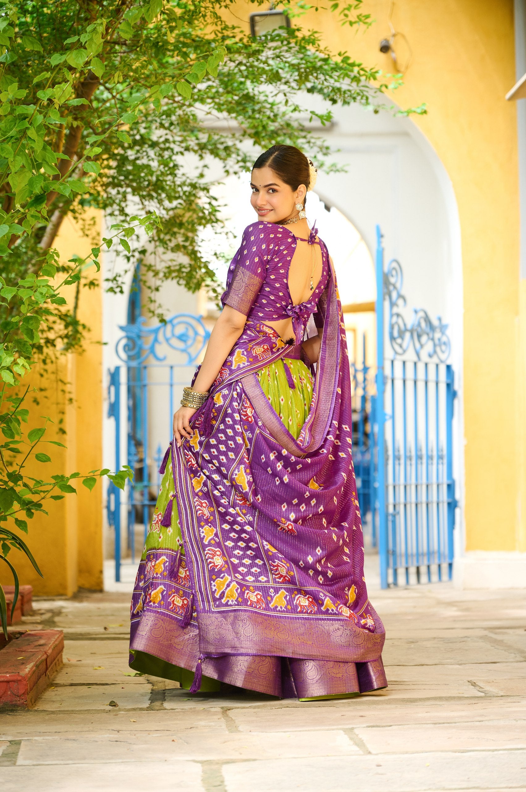 Women's Purple & Parrot Green Heavy Lichi Fabric Stitched Lehenga Choli with Jacquard Border Dupatta | Traditional Printed Wedding, Navratri & Festive Wear