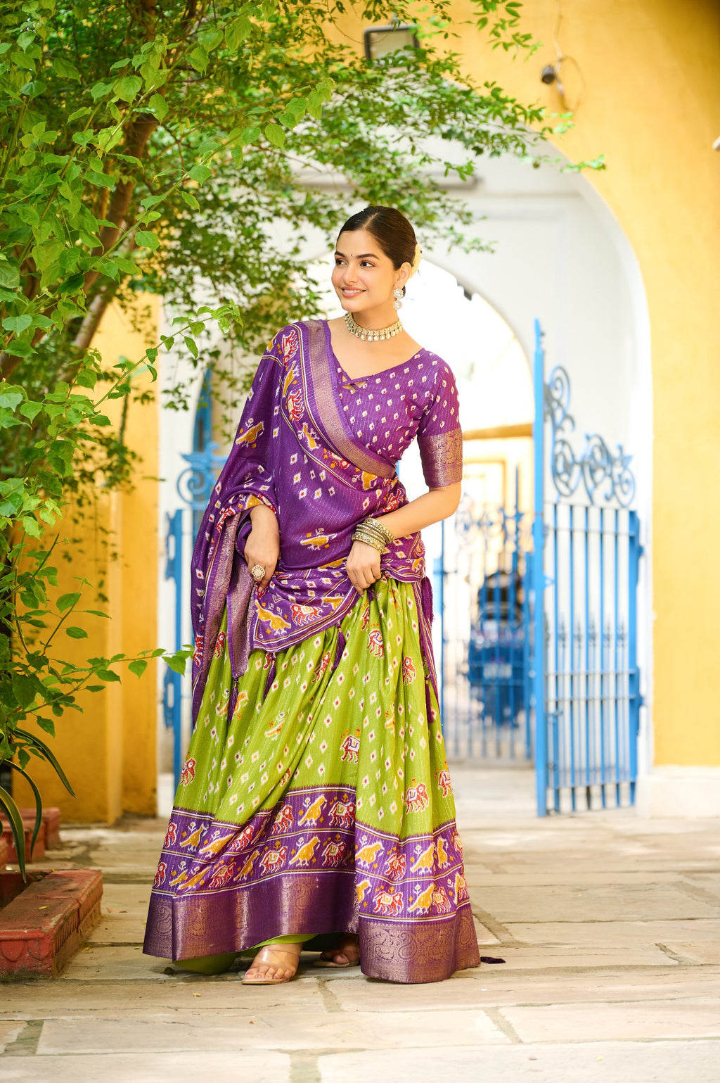 Women's Purple & Parrot Green Heavy Lichi Fabric Stitched Lehenga Choli with Jacquard Border Dupatta | Traditional Printed Wedding, Navratri & Festive Wear