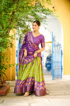 Women's Purple & Parrot Green Heavy Lichi Fabric Stitched Lehenga Choli with Jacquard Border Dupatta | Traditional Printed Wedding, Navratri & Festive Wear