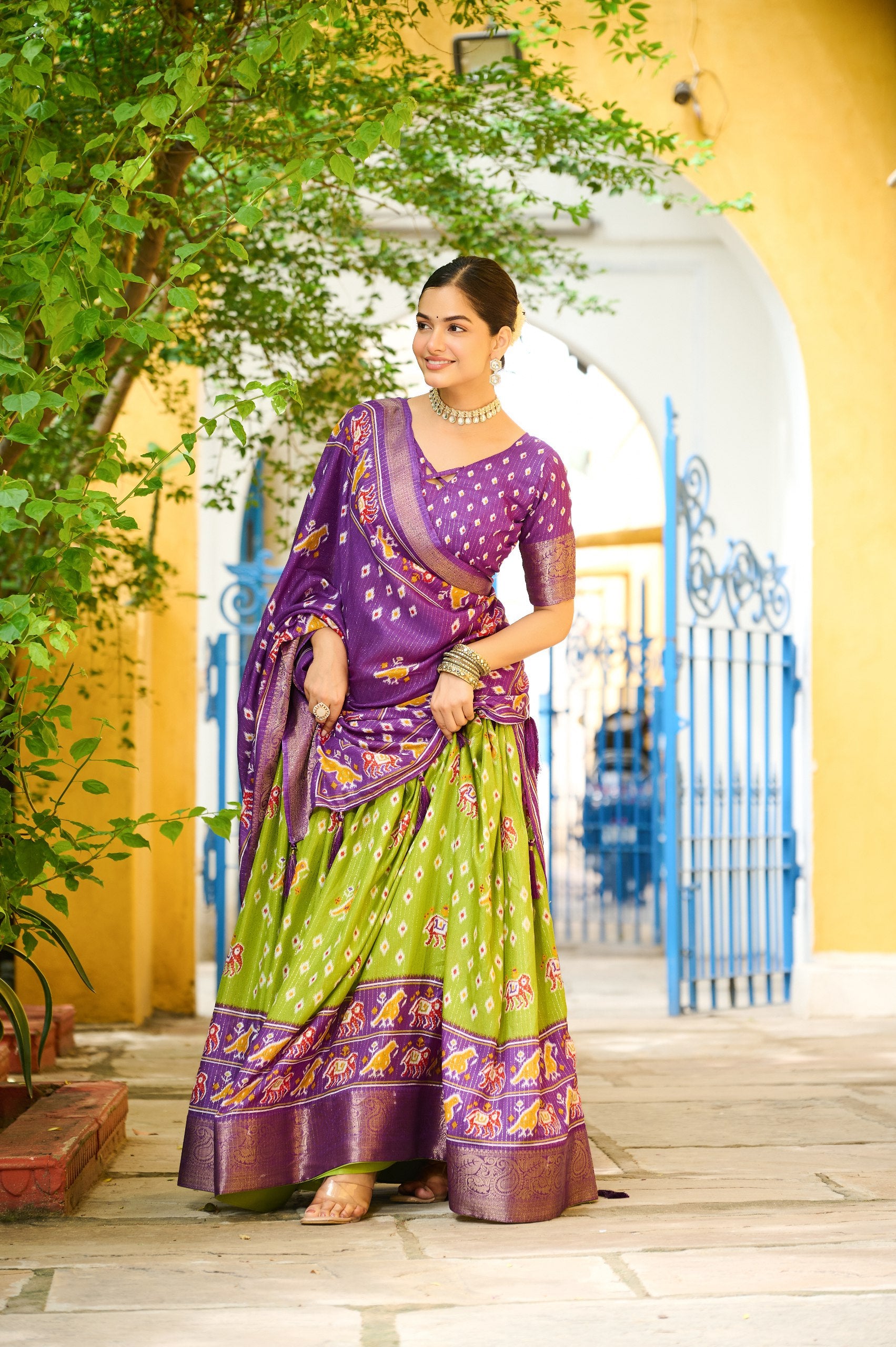 Women's Purple & Parrot Green Heavy Lichi Fabric Stitched Lehenga Choli with Jacquard Border Dupatta | Traditional Printed Wedding, Navratri & Festive Wear