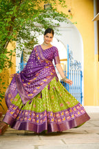 Women's Purple & Parrot Green Heavy Lichi Fabric Stitched Lehenga Choli with Jacquard Border Dupatta | Traditional Printed Wedding, Navratri & Festive Wear