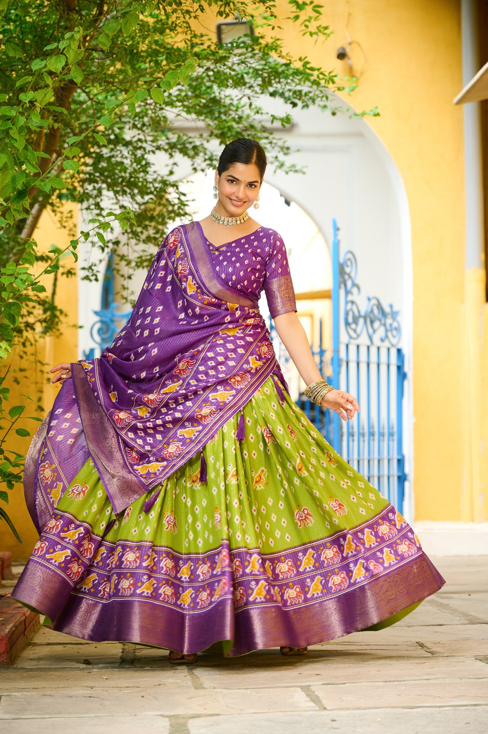 Women's Purple & Parrot Green Heavy Lichi Fabric Stitched Lehenga Choli with Jacquard Border Dupatta | Traditional Printed Wedding, Navratri & Festive Wear