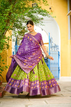 Women's Purple & Parrot Green Heavy Lichi Fabric Stitched Lehenga Choli with Jacquard Border Dupatta | Traditional Printed Wedding, Navratri & Festive Wear