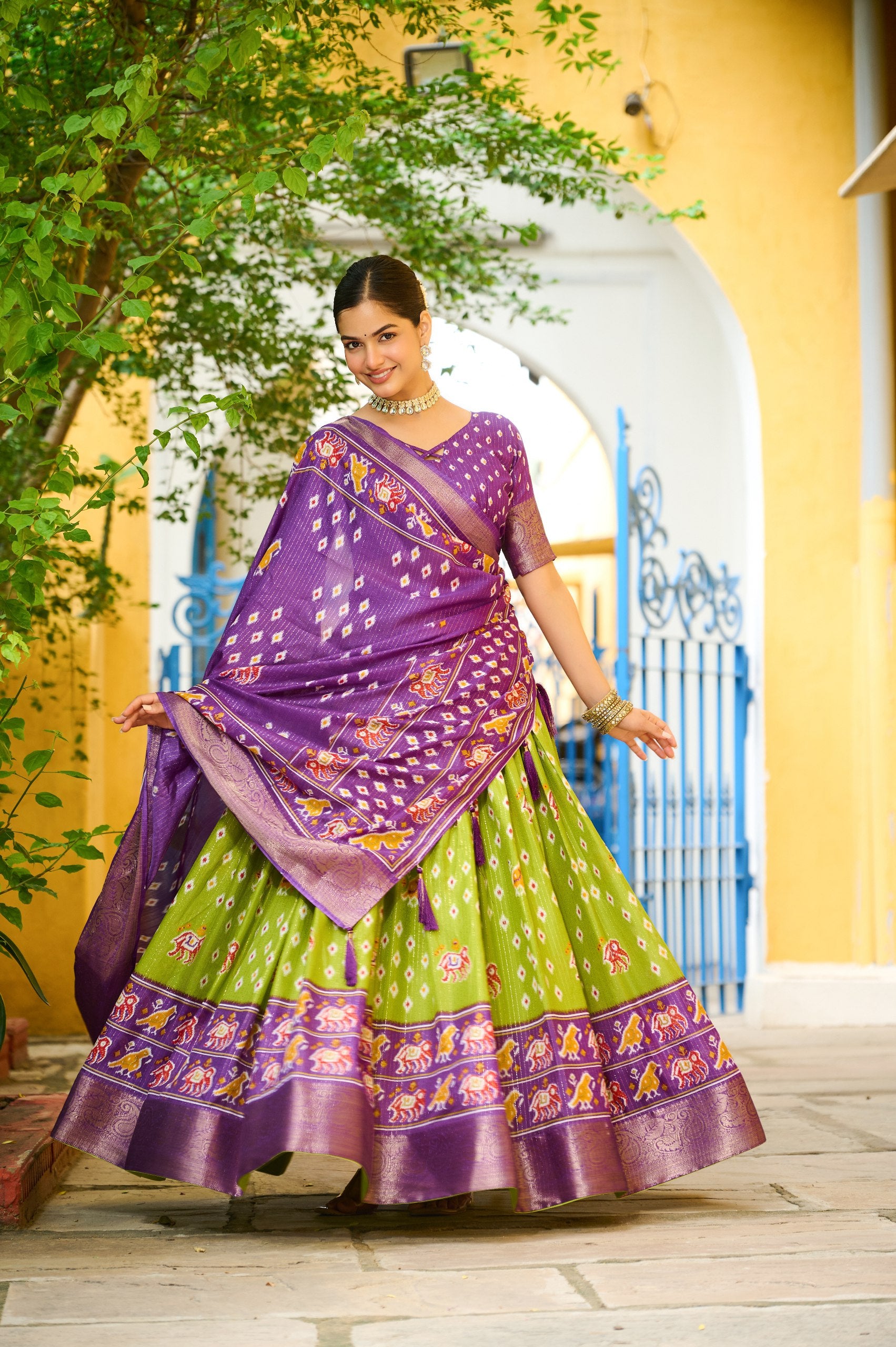 Women's Purple & Parrot Green Heavy Lichi Fabric Stitched Lehenga Choli with Jacquard Border Dupatta | Traditional Printed Wedding, Navratri & Festive Wear