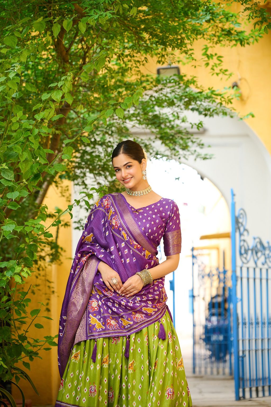 Women's Purple & Parrot Green Heavy Lichi Fabric Stitched Lehenga Choli with Jacquard Border Dupatta | Traditional Printed Wedding, Navratri & Festive Wear
