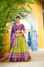 Women's Purple & Parrot Green Heavy Lichi Fabric Stitched Lehenga Choli with Jacquard Border Dupatta | Traditional Printed Wedding, Navratri & Festive Wear
