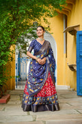Women's Navy Blue & Red Heavy Lichi Fabric Stitched Lehenga Choli with Jacquard Border Dupatta | Jacquard Jari Lining Printed Wedding & Festive Wear