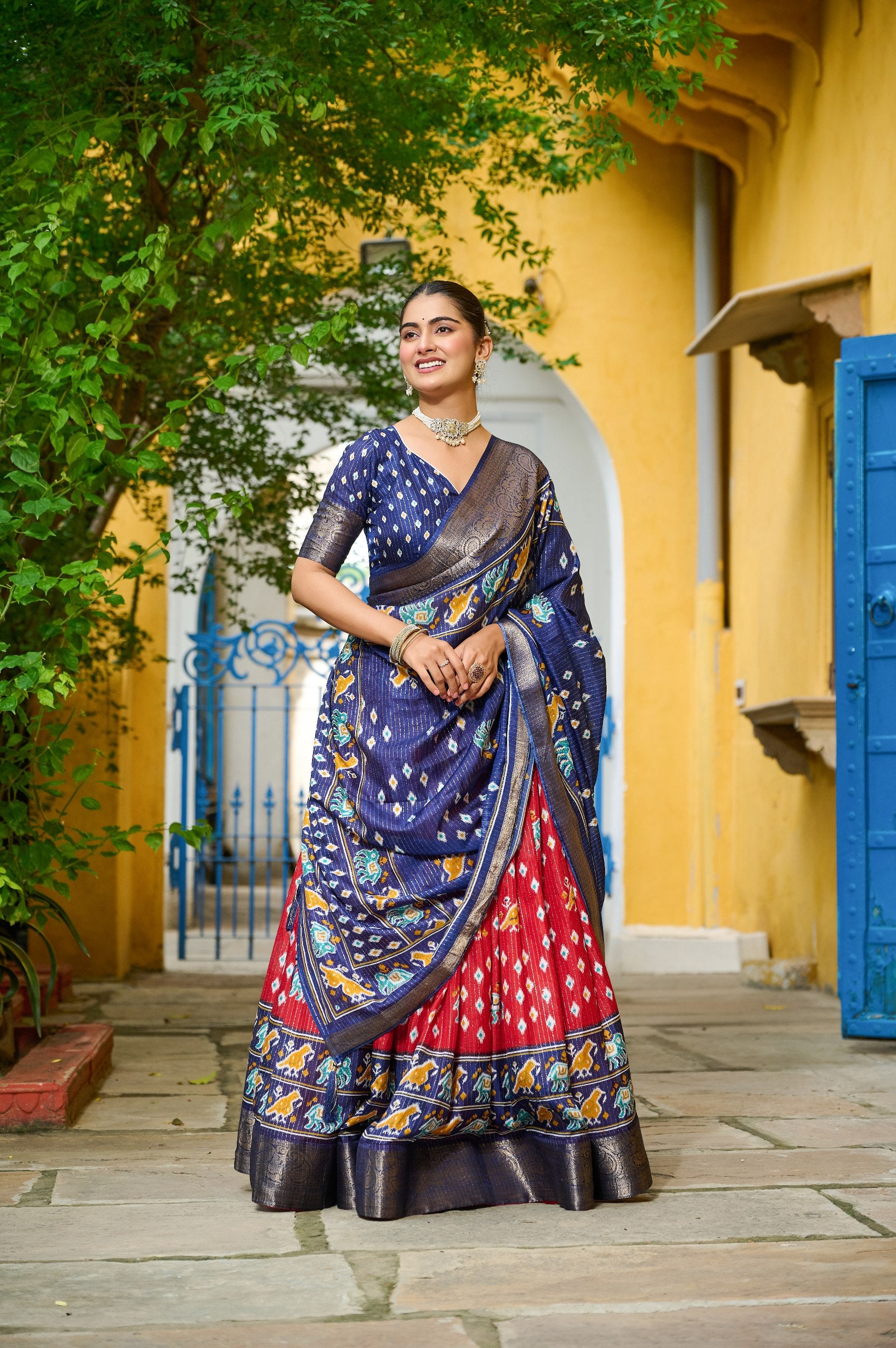 Women's Navy Blue & Red Heavy Lichi Fabric Stitched Lehenga Choli with Jacquard Border Dupatta | Jacquard Jari Lining Printed Wedding & Festive Wear