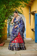 Women's Navy Blue & Red Heavy Lichi Fabric Stitched Lehenga Choli with Jacquard Border Dupatta | Jacquard Jari Lining Printed Wedding & Festive Wear