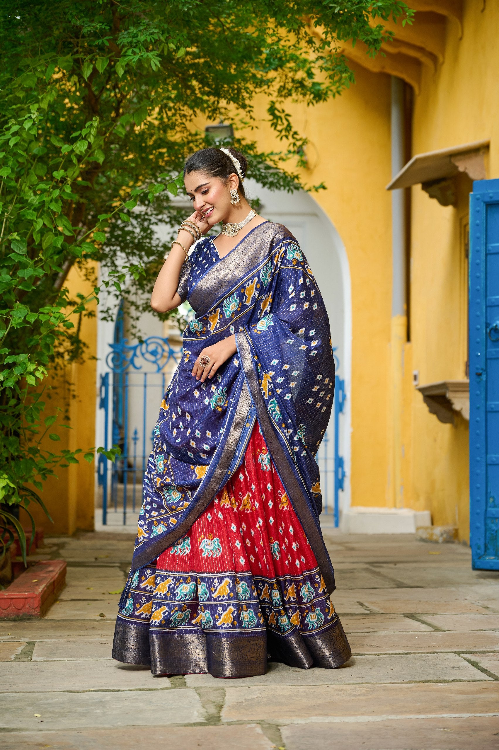 Women's Navy Blue & Red Heavy Lichi Fabric Stitched Lehenga Choli with Jacquard Border Dupatta | Jacquard Jari Lining Printed Wedding & Festive Wear