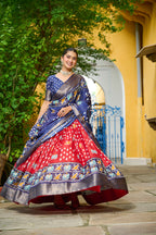Women's Navy Blue & Red Heavy Lichi Fabric Stitched Lehenga Choli with Jacquard Border Dupatta | Jacquard Jari Lining Printed Wedding & Festive Wear