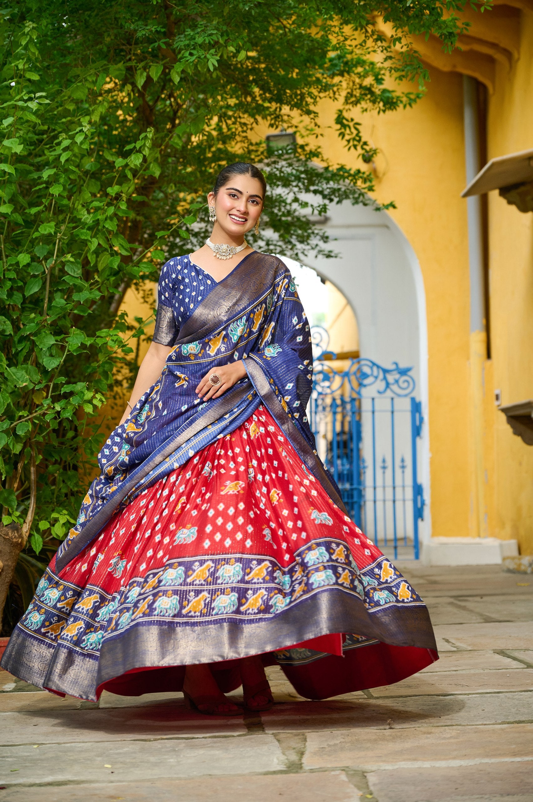 Women's Navy Blue & Red Heavy Lichi Fabric Stitched Lehenga Choli with Jacquard Border Dupatta | Jacquard Jari Lining Printed Wedding & Festive Wear