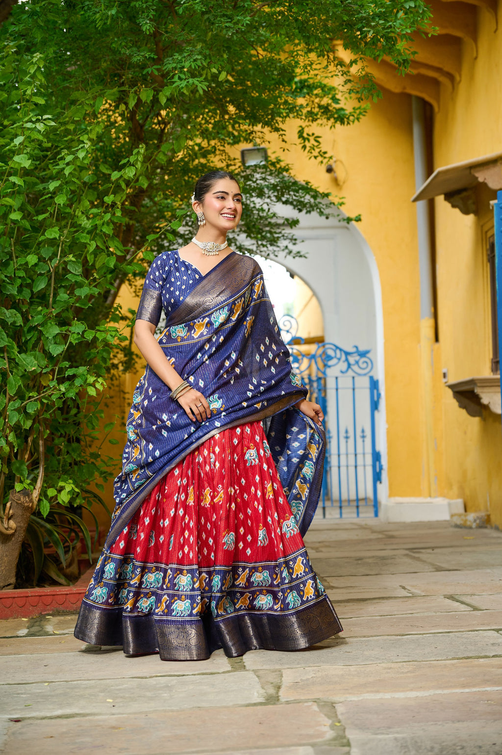Women's Navy Blue & Red Heavy Lichi Fabric Stitched Lehenga Choli with Jacquard Border Dupatta | Jacquard Jari Lining Printed Wedding & Festive Wear