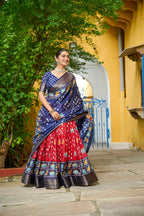 Women's Navy Blue & Red Heavy Lichi Fabric Stitched Lehenga Choli with Jacquard Border Dupatta | Jacquard Jari Lining Printed Wedding & Festive Wear